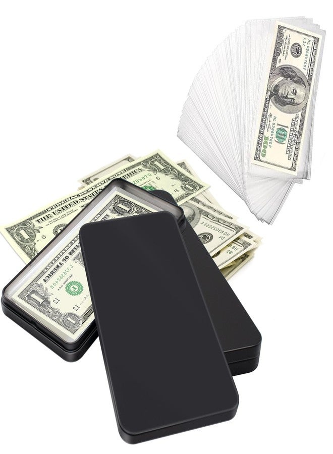 JINGHANGER 2 PCS Metal Cash Box with 100 PCS Clear Paper Money Holders, Single Row Currency Tray Money Organizer for Cash Transparent Currency Sleeves with Storage Box Dollar Bill Protector Holders Black - Image 1