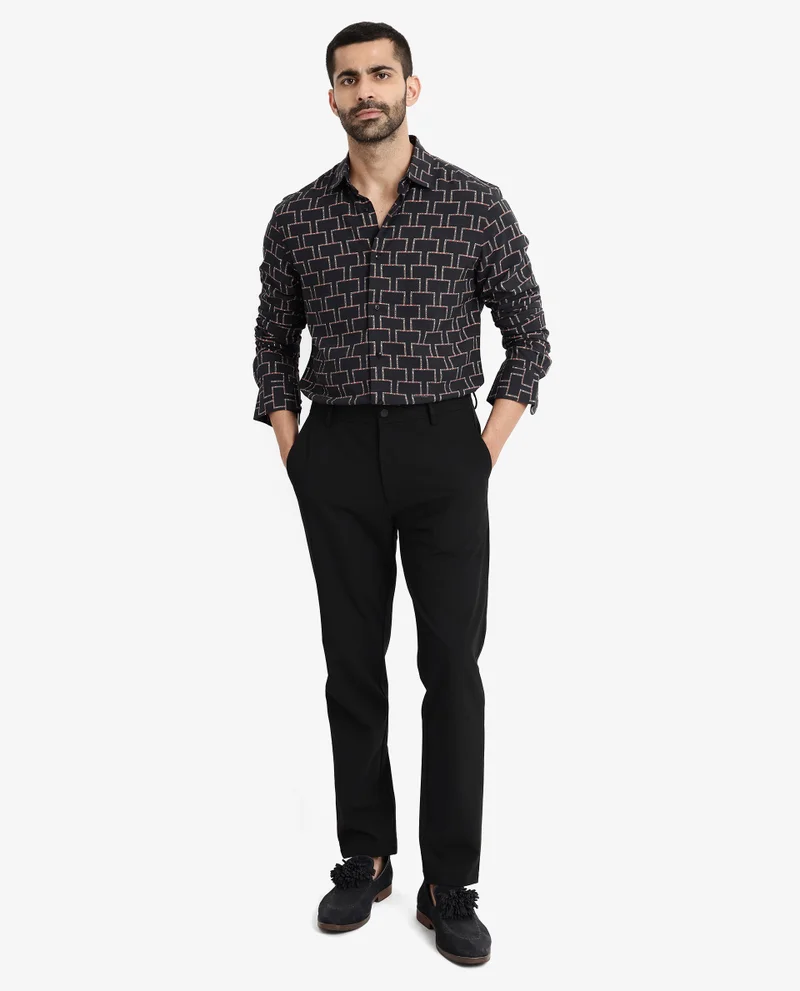 Rare Rabbit Rare Rabbit Men Wels Black Viscose Fabric Full Sleeve Regular Fit Geometric Print Shirt