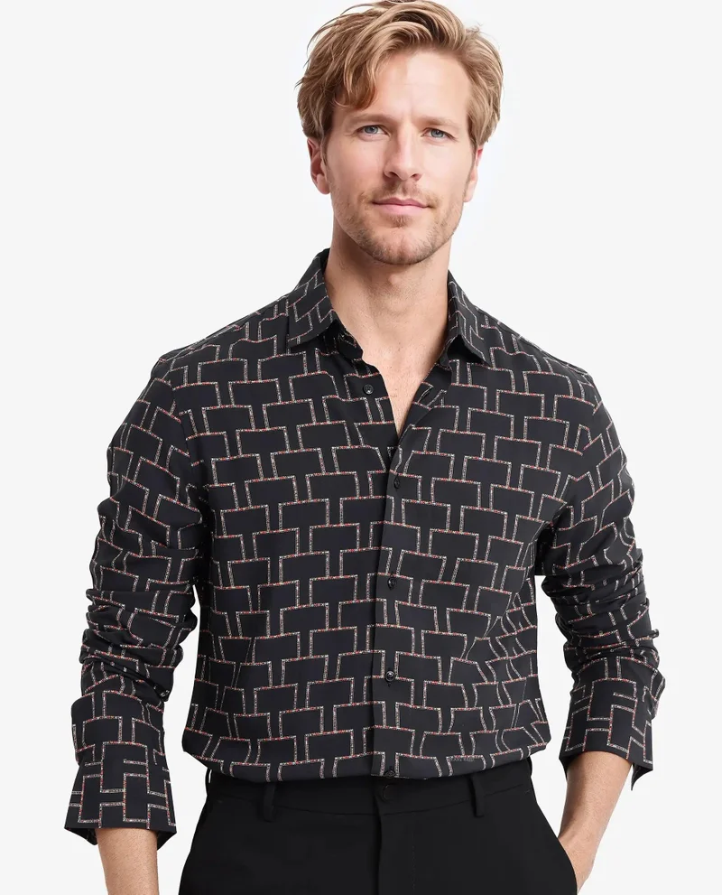 رير رابِت Rare Rabbit Men Wels Black Viscose Fabric Full Sleeve Regular Fit Geometric Print Shirt