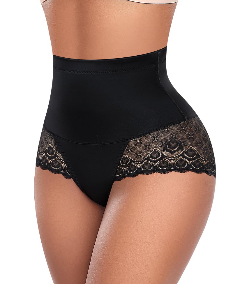 Werena Women Shapewear Tummy Control Underwear High Waist Body Shaper Panties Lace Shaping Underwear Girdle Panty(C# Mid Rise Black, Small) - Image 1