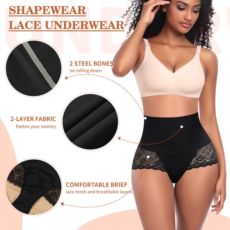 Werena Women Shapewear Tummy Control Underwear High Waist Body Shaper Panties Lace Shaping Underwear Girdle Panty(C# Mid Rise Black, Small) - Image 3