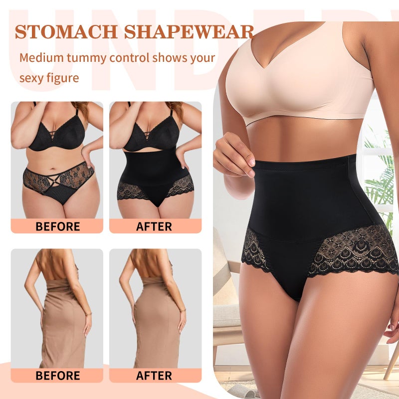 Werena Women Shapewear Tummy Control Underwear High Waist Body Shaper Panties Lace Shaping Underwear Girdle Panty(C# Mid Rise Black, Small) - Image 5