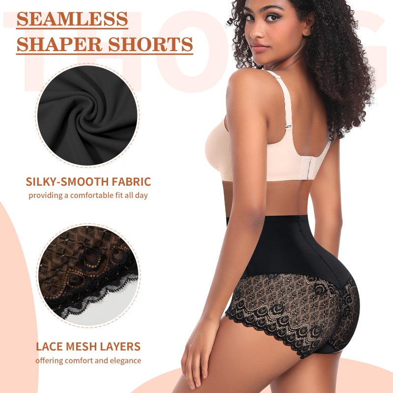 Werena Women Shapewear Tummy Control Underwear High Waist Body Shaper Panties Lace Shaping Underwear Girdle Panty(C# Mid Rise Black, Small) - Image 4