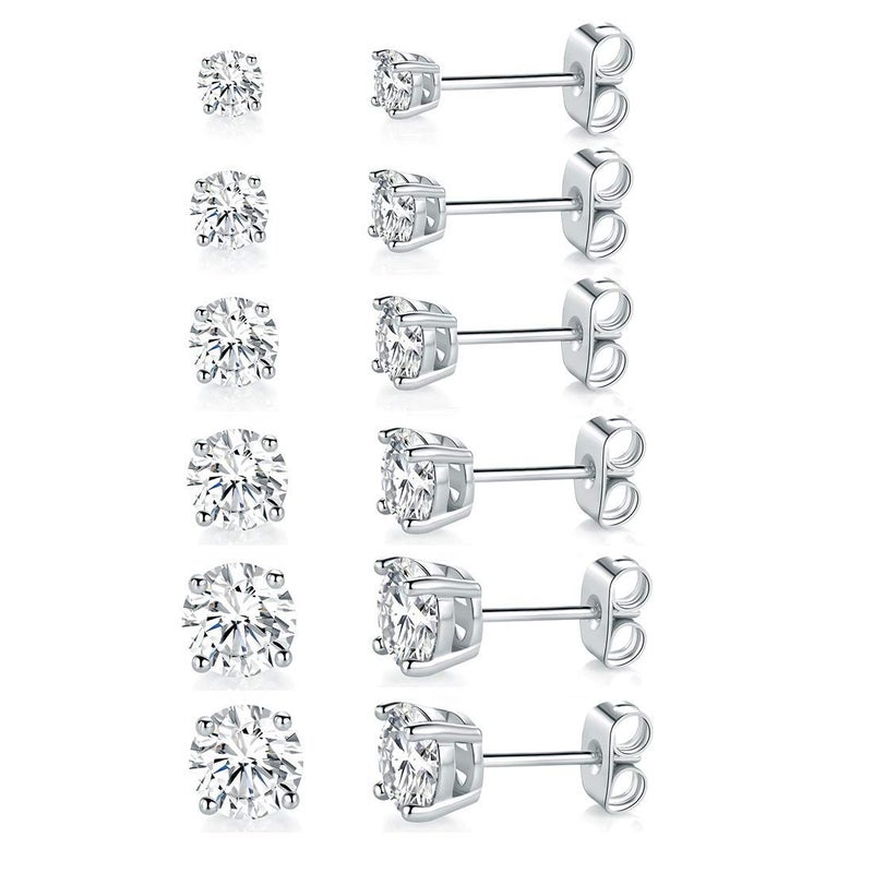 MDFUN 18K White Gold Plated 4 Pong Round Clear Cubic Zirconia Stud Earring Pack of 6 Pairs (6 Pairs) - Image 1