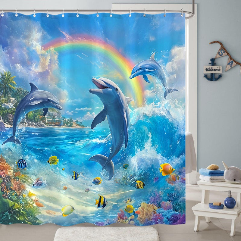 Accnicc Dolphin Shower Curtain Ocean Funny Rainbow Dolphins Shower Curtains for Bathroom Kids Beach Coastal Sea Underwater Fish Waterproof Fabric Bath Curtain Decor 72 X 72 Inch - Image 4