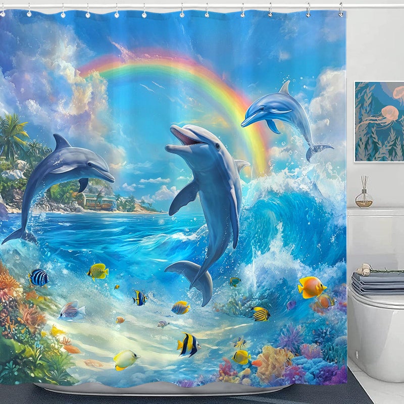 Accnicc Dolphin Shower Curtain Ocean Funny Rainbow Dolphins Shower Curtains for Bathroom Kids Beach Coastal Sea Underwater Fish Waterproof Fabric Bath Curtain Decor 72 X 72 Inch - Image 1