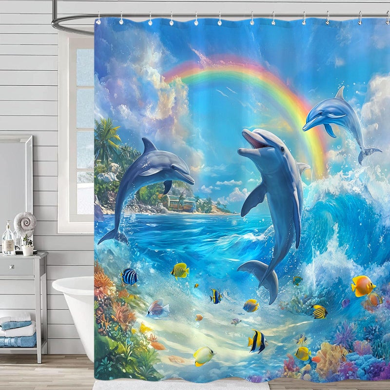 Accnicc Dolphin Shower Curtain Ocean Funny Rainbow Dolphins Shower Curtains for Bathroom Kids Beach Coastal Sea Underwater Fish Waterproof Fabric Bath Curtain Decor 72 X 72 Inch - Image 3