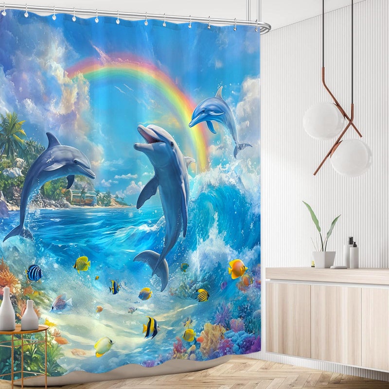 Accnicc Dolphin Shower Curtain Ocean Funny Rainbow Dolphins Shower Curtains for Bathroom Kids Beach Coastal Sea Underwater Fish Waterproof Fabric Bath Curtain Decor 72 X 72 Inch - Image 5