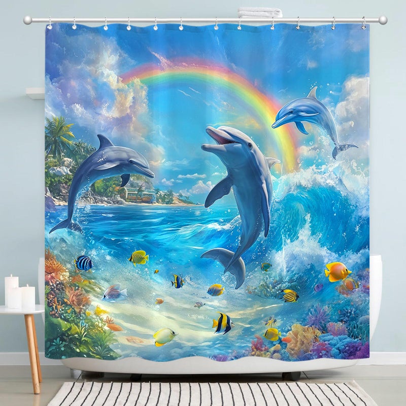 Accnicc Dolphin Shower Curtain Ocean Funny Rainbow Dolphins Shower Curtains for Bathroom Kids Beach Coastal Sea Underwater Fish Waterproof Fabric Bath Curtain Decor 72 X 72 Inch - Image 2