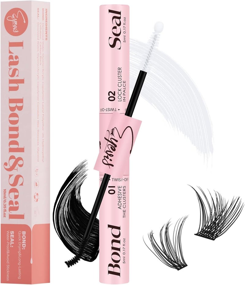 EYEVIS Lash Bond and Seal 10ML Waterproof Lash Cluster Glue Lash Seal 2-in-1 Lash Glue for Eyelash Clusters Long-Lasting for DIY Lash Extensions at Home(Black Bond and Clear Seal,10ML) - Image 1