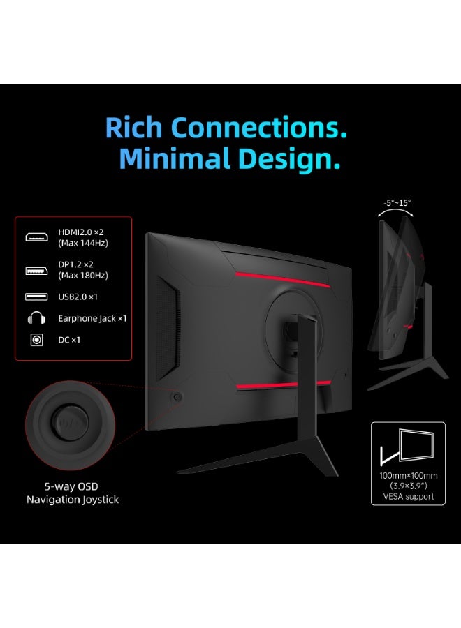 KTC 27 Inch 180Hz Curved WQHD Gaming Monitor, 2K (2560x1440P), 1500R HVA Display, FreeSync Premium, HDR, 120% sRGB, DisplayPort/HDMI/USB Vesa, for Gamers - Image 5