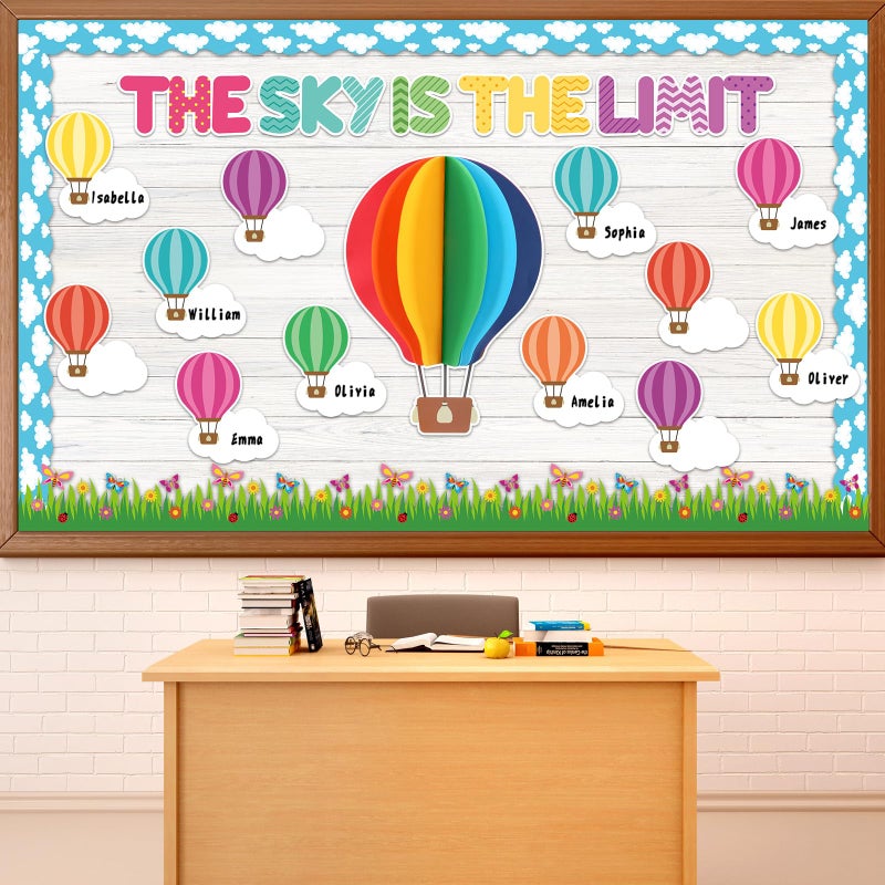 3D Hot Air Balloon Bulletin Board Set Colorful DIY Crafts Name Tags The Sky is The Limit Classroom Decorations Back to School Paper Cutouts for Motivational Nursery Wall Decor Teacher Supplies