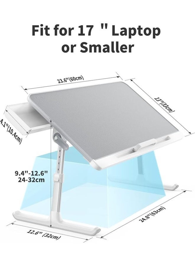 Adjustable and foldable laptop table for bed and sofa, made of PVC leather with a large gray storage drawer. - Image 2