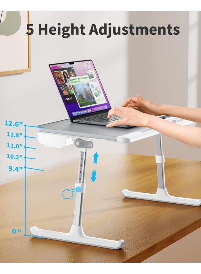Adjustable and foldable laptop table for bed and sofa, made of PVC leather with a large gray storage drawer. - Image 4