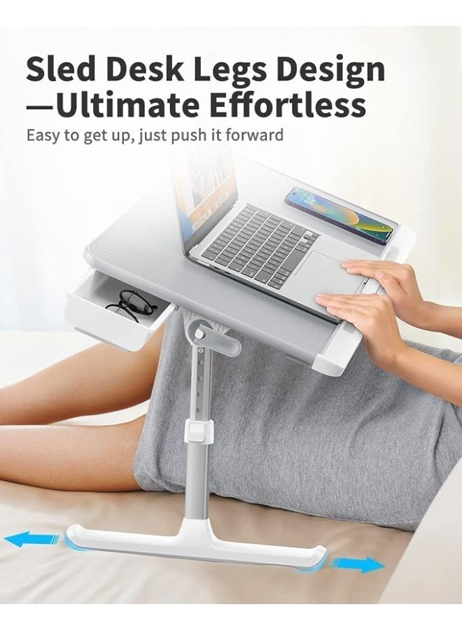 Adjustable and foldable laptop table for bed and sofa, made of PVC leather with a large gray storage drawer. - Image 3