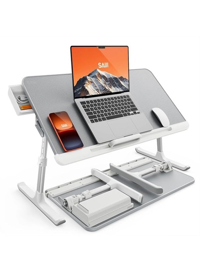 Adjustable and foldable laptop table for bed and sofa, made of PVC leather with a large gray storage drawer. - Image 1