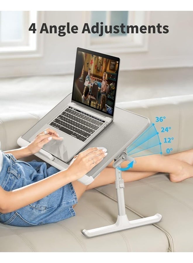Adjustable and foldable laptop table for bed and sofa, made of PVC leather with a large gray storage drawer. - Image 5
