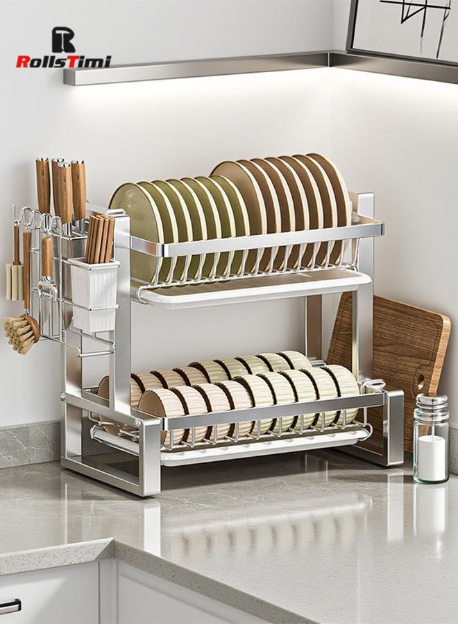 RollsTimi  Dish Drying Rack, 2 Tier Dish Racks for Kitchen Counter, Stainless Steel Dish Drainer with Drainboard Utensil Holder for Plates Bowls for Kitchen Countertop, Silver - Image 1