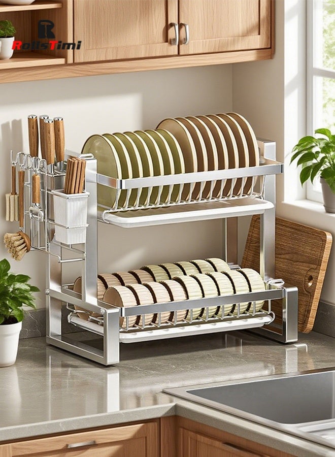 RollsTimi  Dish Drying Rack, 2 Tier Dish Racks for Kitchen Counter, Stainless Steel Dish Drainer with Drainboard Utensil Holder for Plates Bowls for Kitchen Countertop, Silver - Image 3