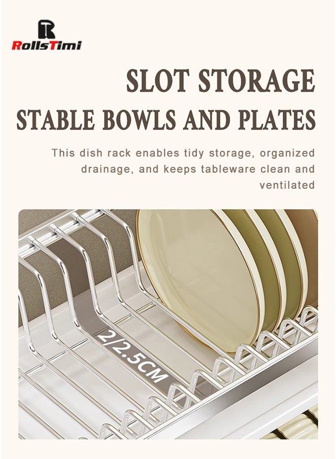 RollsTimi  Dish Drying Rack, 2 Tier Dish Racks for Kitchen Counter, Stainless Steel Dish Drainer with Drainboard Utensil Holder for Plates Bowls for Kitchen Countertop, Silver - Image 2