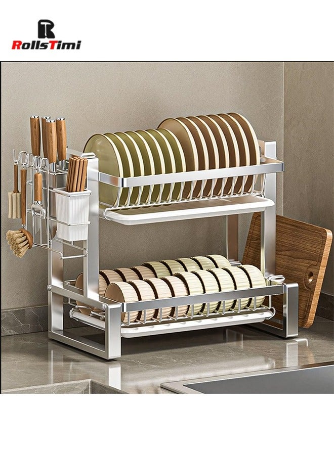 RollsTimi  Dish Drying Rack, 2 Tier Dish Racks for Kitchen Counter, Stainless Steel Dish Drainer with Drainboard Utensil Holder for Plates Bowls for Kitchen Countertop, Silver - Image 4