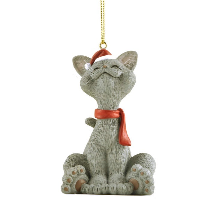 WHIMSICAL SMILING GREY CAT CHRISTMAS TREE ORNAMENT HAPPY CAT COLLECTION HOLIDAY STOCKING STUFFER CHRISTMAS TREE DECORATION