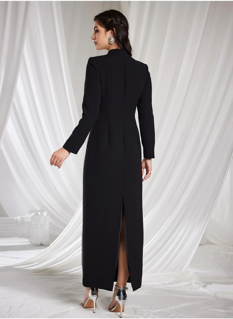 Madam Uniq New Long Sleeve Elegant Beaded and Rhinestone Maxi Dress