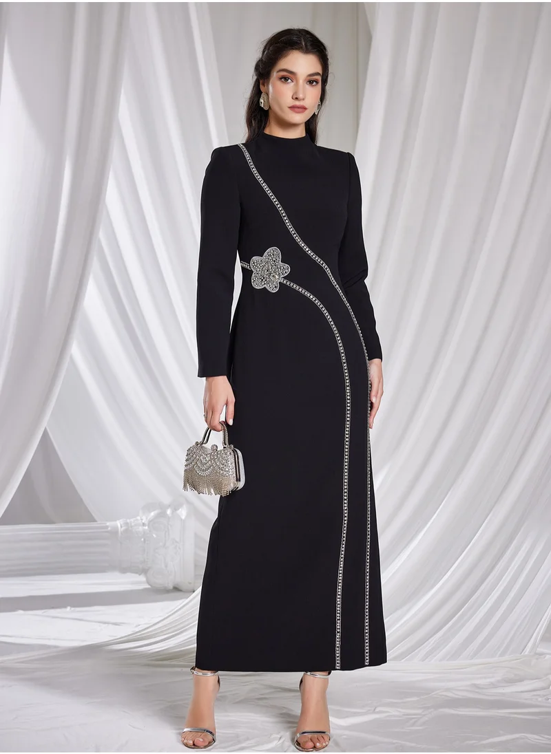 Madam Uniq New Long Sleeve Elegant Beaded and Rhinestone Maxi Dress