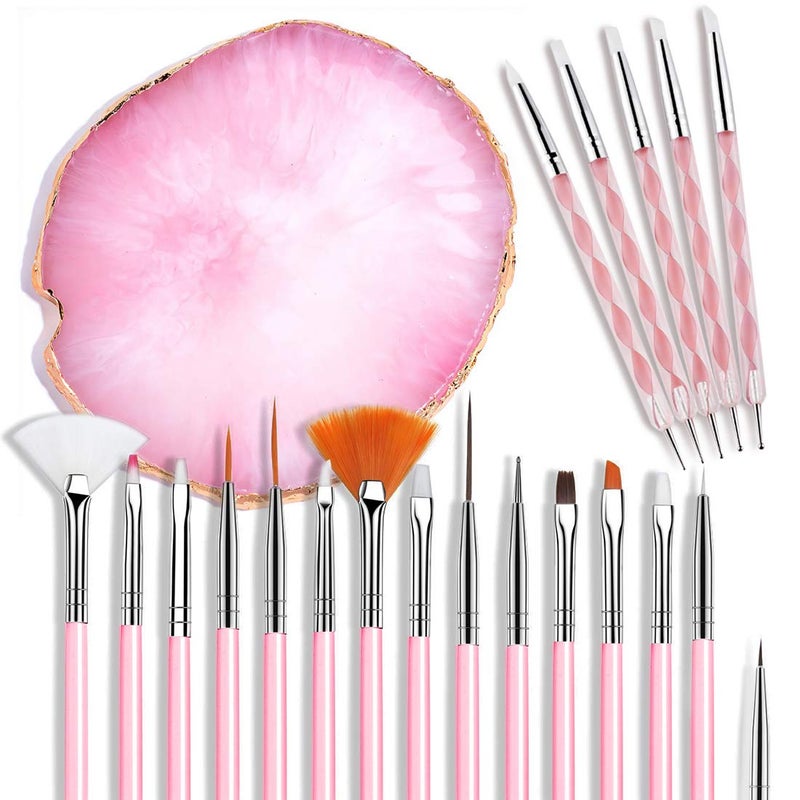 AUOCATTAIL 21 Pcs Nail Art Brushes Nail Art Tool Set Resin Palette Nail Art Painting Mixed Color 2 Way Acrylic Silicone Carving Pen Dotting Pen Tool Manicure Kit DIY Makeup Display Board for Home Salon Pink