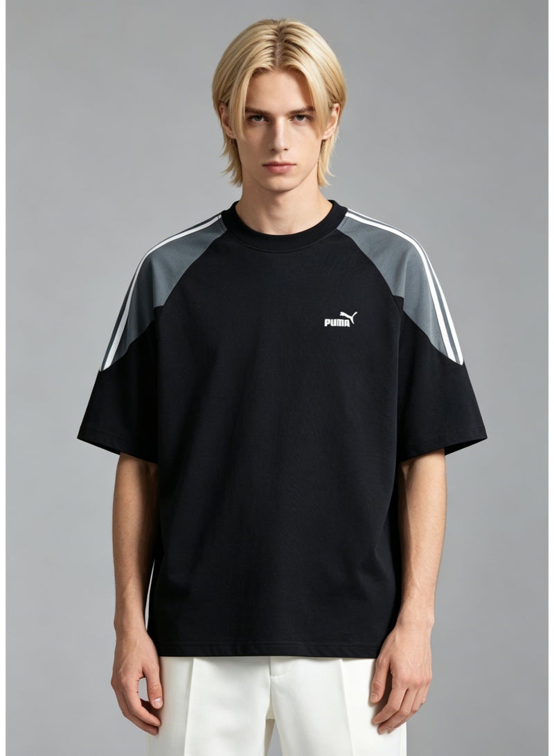PUMA Men's Colorblock Raglan Short Sleeve Cotton T-shirt, 3 White Stripes Shoulder Crew Neck Oversize Sports Casual Top - Black & Light Grey - Image 1