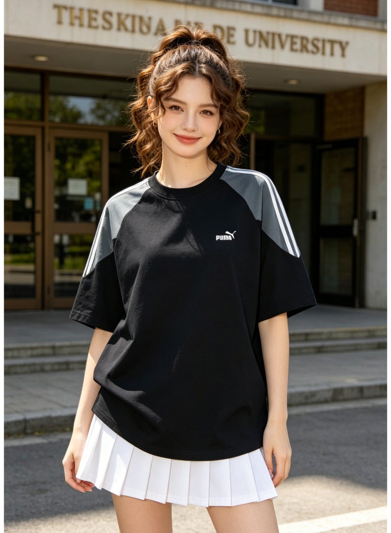 PUMA Men's Colorblock Raglan Short Sleeve Cotton T-shirt, 3 White Stripes Shoulder Crew Neck Oversize Sports Casual Top - Black & Light Grey - Image 5