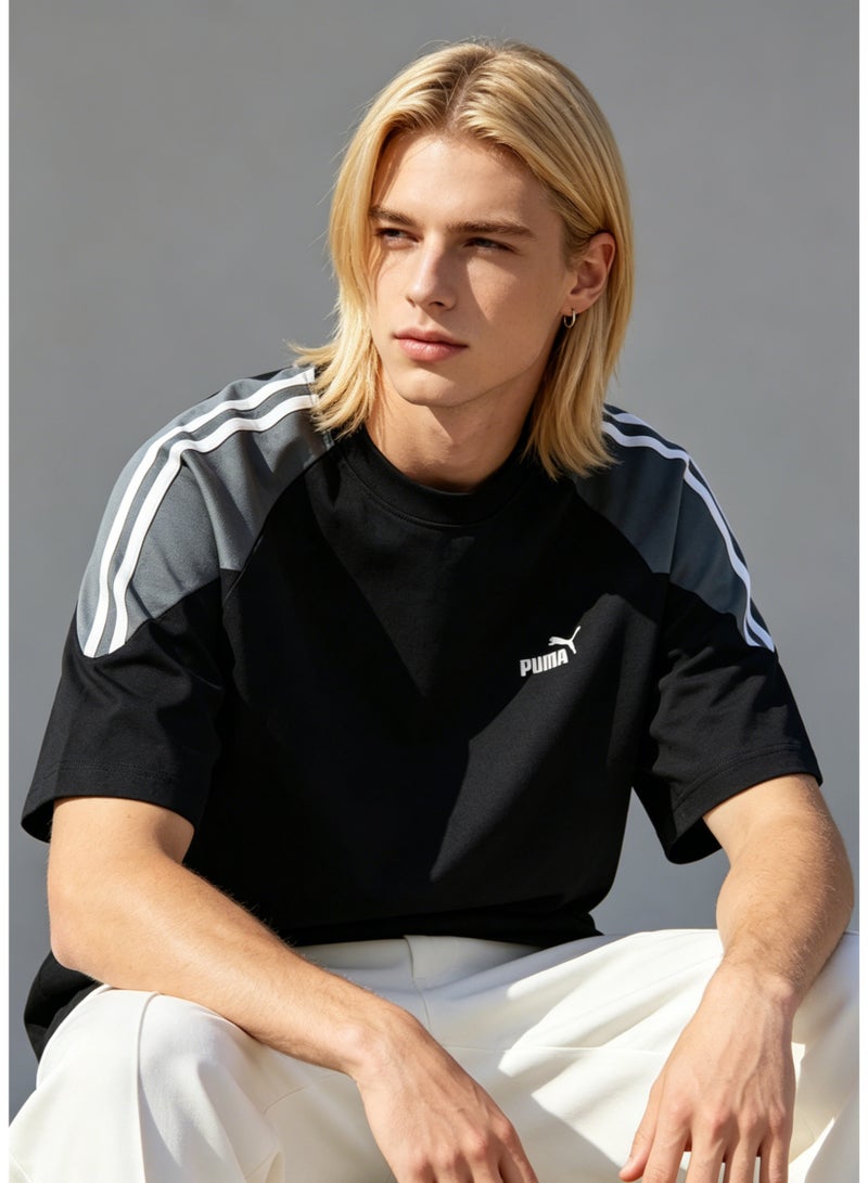 PUMA Men's Colorblock Raglan Short Sleeve Cotton T-shirt, 3 White Stripes Shoulder Crew Neck Oversize Sports Casual Top - Black & Light Grey - Image 4
