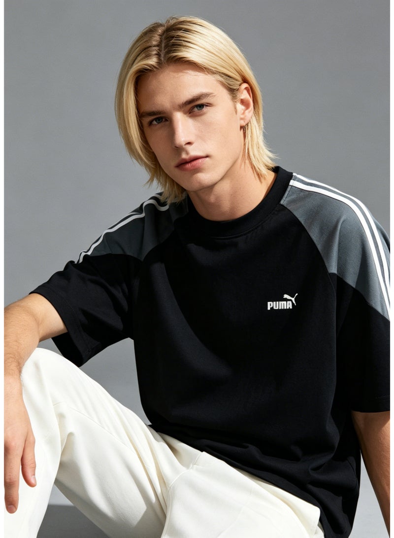 PUMA Men's Colorblock Raglan Short Sleeve Cotton T-shirt, 3 White Stripes Shoulder Crew Neck Oversize Sports Casual Top - Black & Light Grey - Image 3