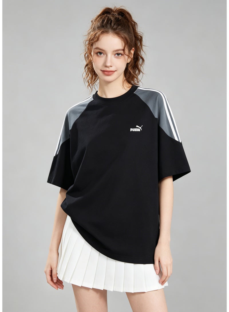 PUMA Men's Colorblock Raglan Short Sleeve Cotton T-shirt, 3 White Stripes Shoulder Crew Neck Oversize Sports Casual Top - Black & Light Grey - Image 2