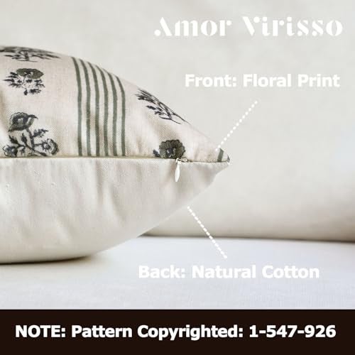 Amor Virisso Floral Throw Pillow Covers 20x20 Set of 2 Block Print Pillow Covers Neutral Floral Striped Farmhouse Decorative Pillow Covers for Sofa Couch Bed Dusty Green - Image 3