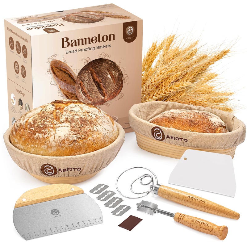 ABIOTO Banneton Bread Proofing Basket Set  Sourdough Bread Making Kit with Handcrafted 9 Round  10 Oval Rattan Baskets and Professional Sourdough Tools 
