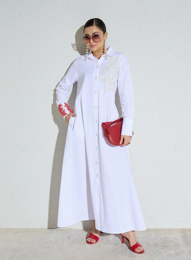SASSAFRAS White Poplin Embellished Lace Patch Maxi Dress