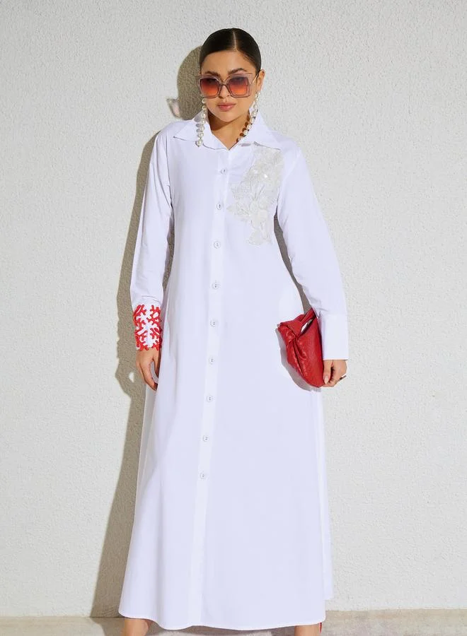 SASSAFRAS White Poplin Embellished Lace Patch Maxi Dress