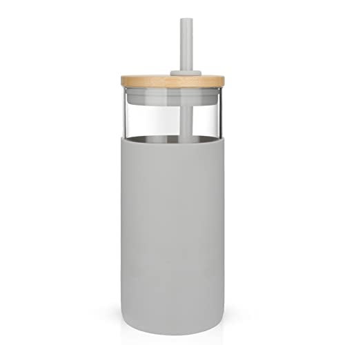 Tronco 20 oz Glass Tumbler with Lid and Straw, Iced Coffee Cup and Smoothie Cup with Bamboo Lids & Protective Silicone Sleeve, Dishwasher Safe, BPA-Free, Glass Cup 1 Pack - Image 1