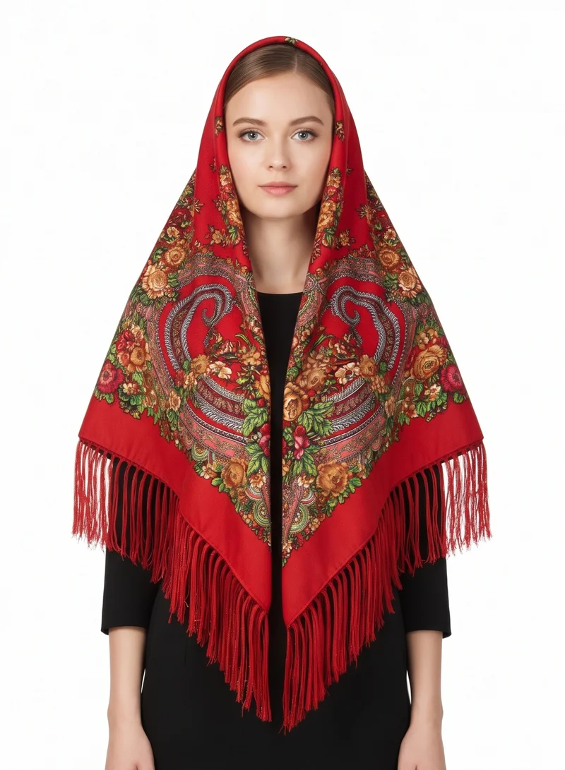 دىدانيالا Ofeliya Womens Scarves Traditional Eastern European  Square Cotton Long Tassel Print Shawl Red Flowers