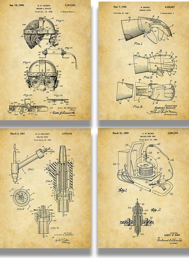 Govivo Welding Patents - A Set of Four Welding Equipment Patents Wall Art Decor Prints with sepia backgrounds - unframed artwork printed on photograph paper - Image 1