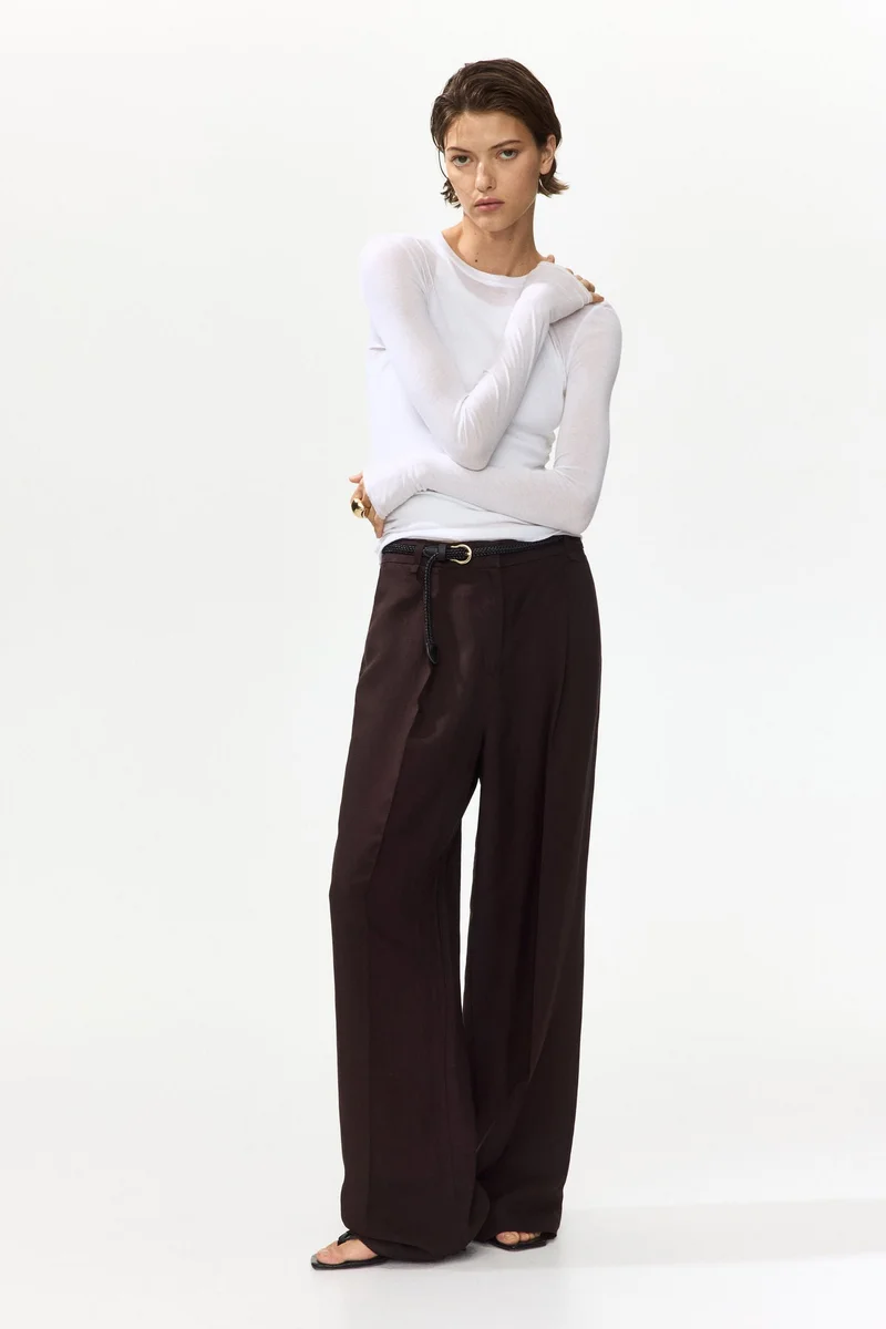 H&M Belted linen-blend trousers