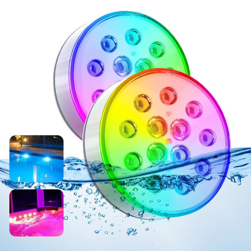 U UZOPI أضواء حمام السباحة U UZOPI المحدثة القابلة لإعادة الشحن مع جهاز تحكم عن بعد IP68 مقاومة للماء 16 لون لأضواء حمام السباحة تحت الماء لحمام السباحة فوق الأرض وتحت الأرض 2 عبوة