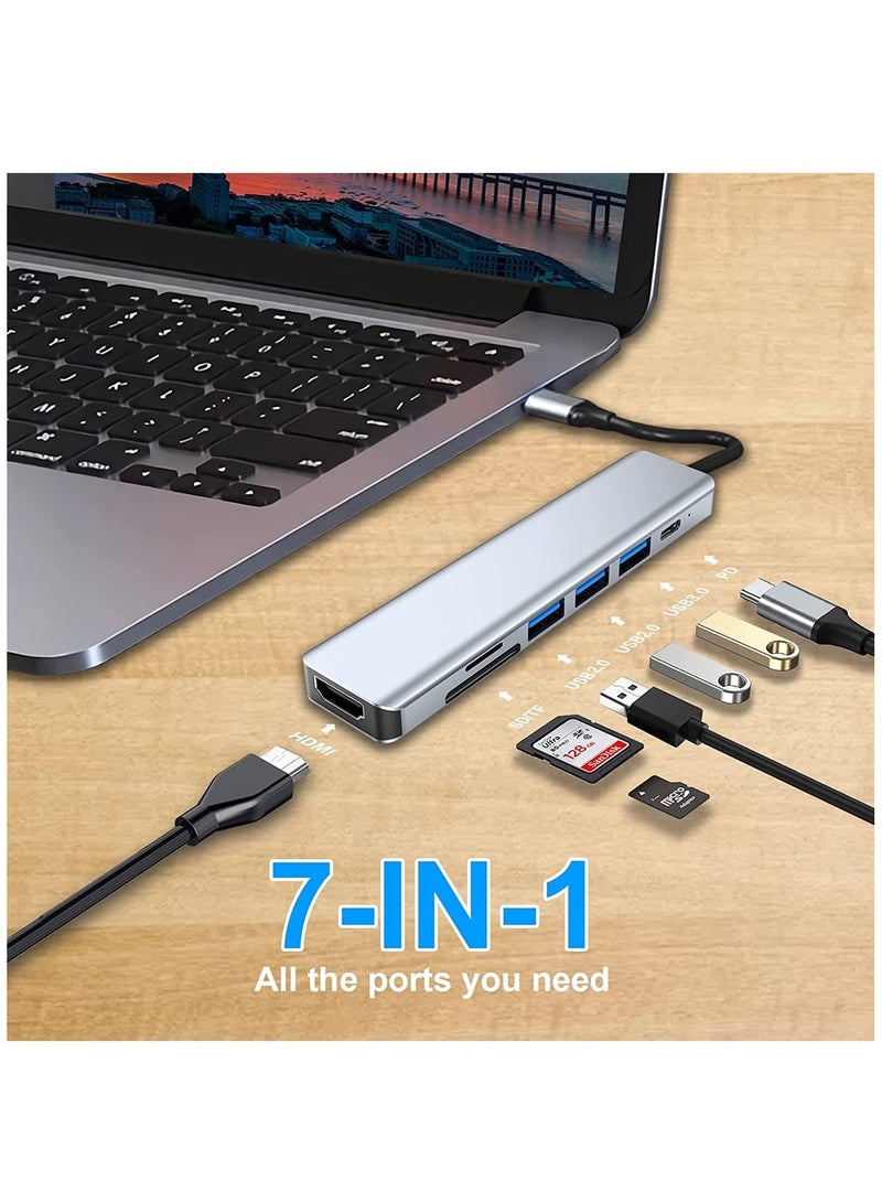 USB C Hub, 7 in 1 USB C Adapter, USB C Docking Station with 4K HDMI USB 3.0 100W PD and SD/TF Card Reader, Compatible with MacBook Pro & Air USB C Laptop and Other Type C Devices