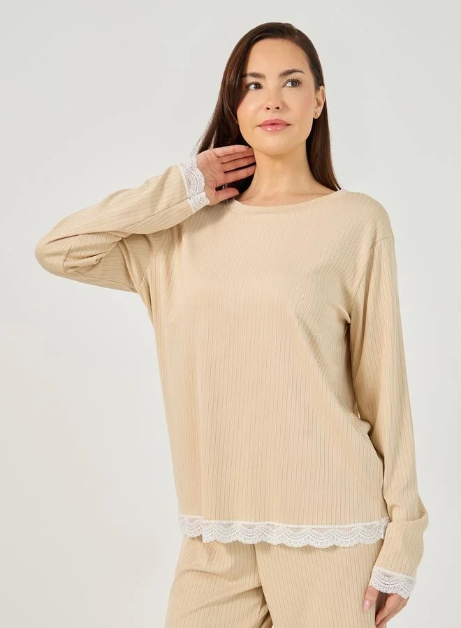 Styli Textured Rib Detail Lace Trim T-Shirt and Pyjama Set