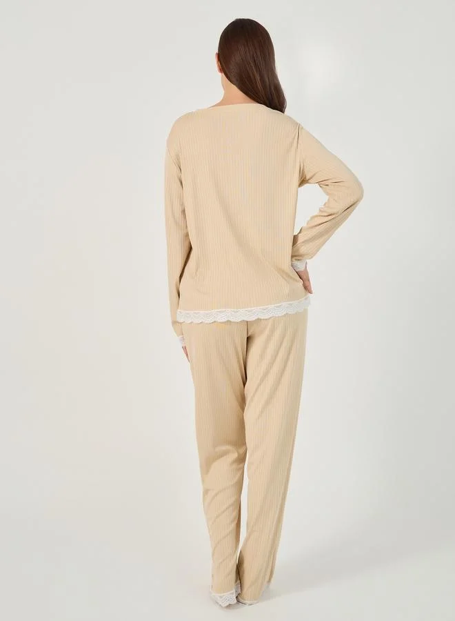 Styli Textured Rib Detail Lace Trim T-Shirt and Pyjama Set