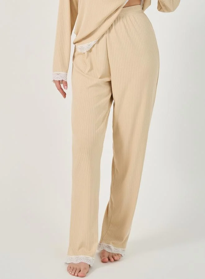 Styli Textured Rib Detail Lace Trim T-Shirt and Pyjama Set