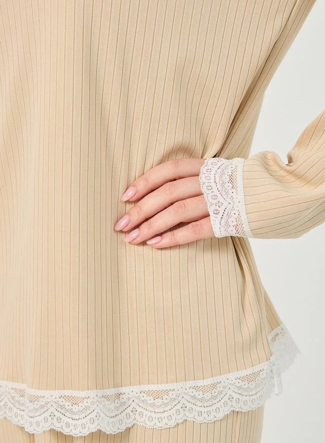 Styli Textured Rib Detail Lace Trim T-Shirt and Pyjama Set