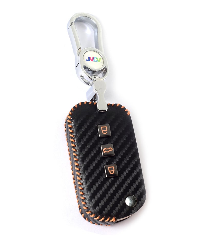 JVCV® Handmade Carbon Fiber Pattern Leather Key Cover Compatible with Mahindra XUV 700, 3XO, Thar, Marazzo, Bolero, Scorpio, Scorpio N, XUV 300, XUV 400 EV, Thar Roxx 3 Button flip Key (Black Orange) - Image 1