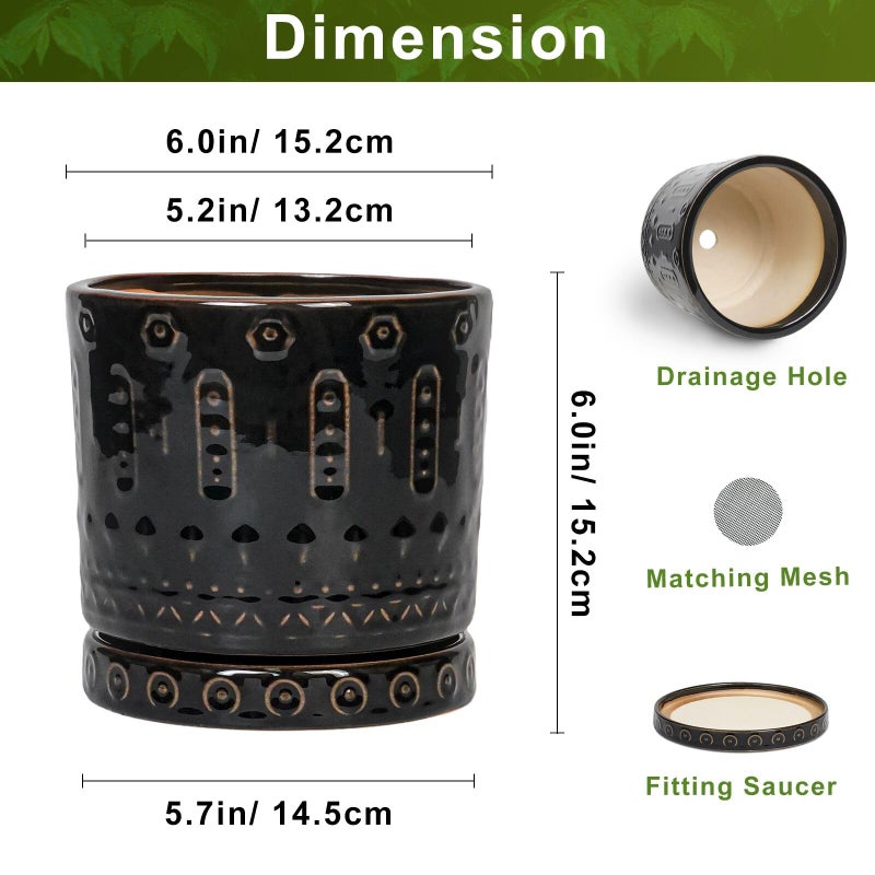 Eightpot Ceramic Plant Pots - 6 Inch Ceramic Planter for Indoor Outdoor, Round Flower Pots with Drainage Hole and Plant Saucer, Boho Decorative Small Planter, House Decor, Gifts for Gardeners, Black - Image 3